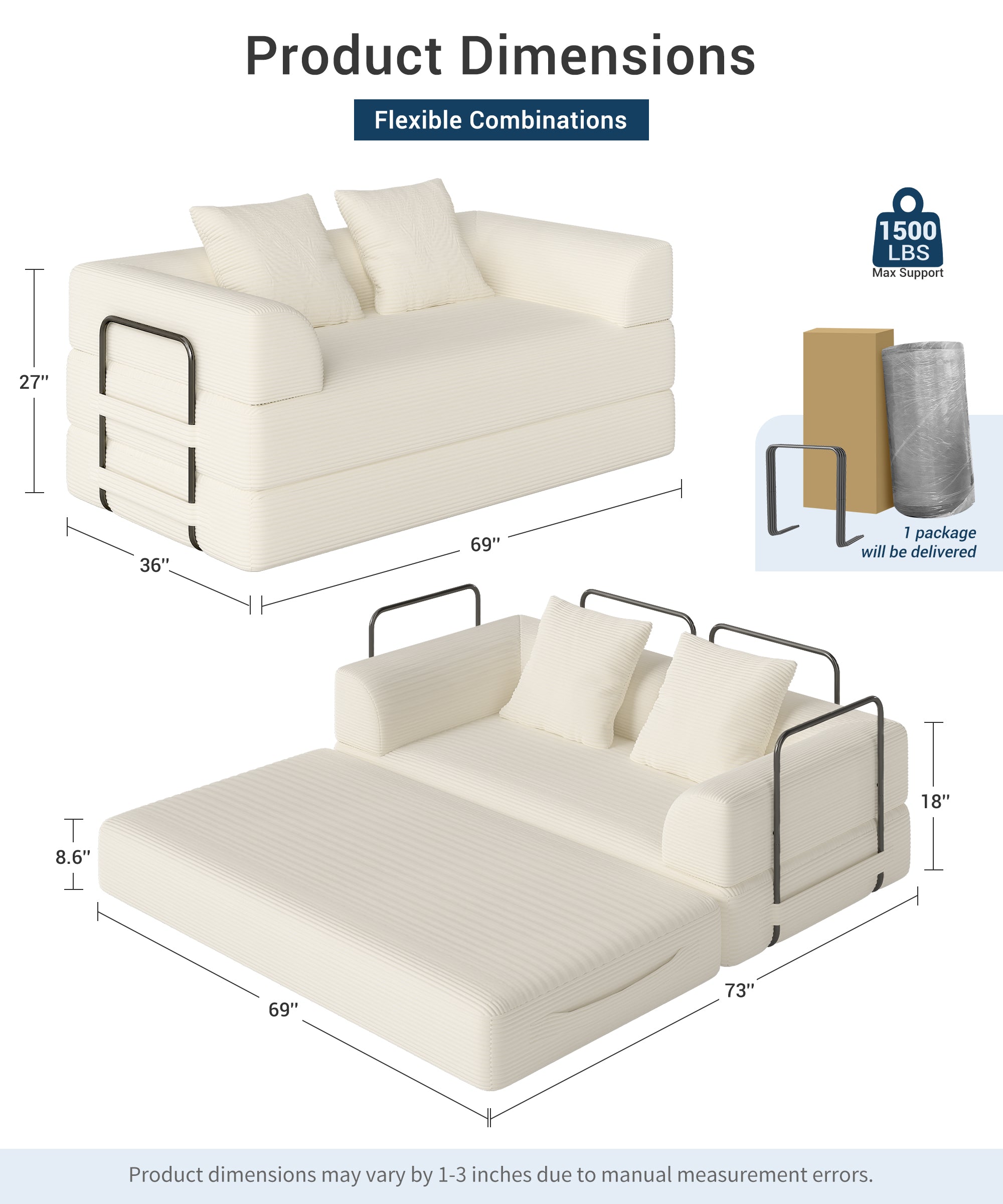 70" Convertible Floor Sofa Bed 4-in-1