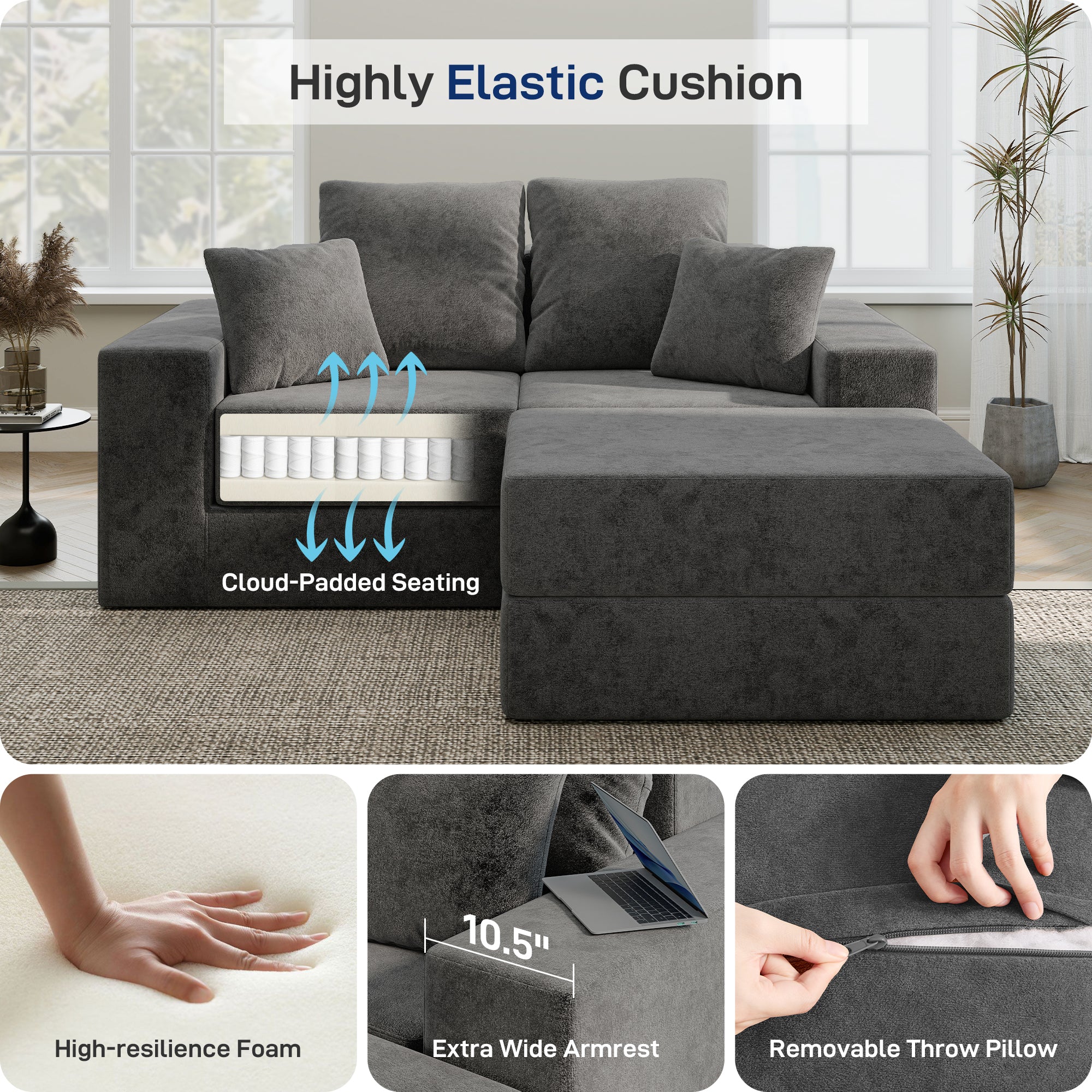 L-Shaped Cloud Modular Sectional Sofa with Reversible Chaise