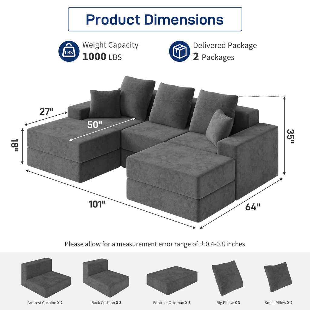 101" U-Shaped Cloud Sectional Sofa with 2 Ottomans