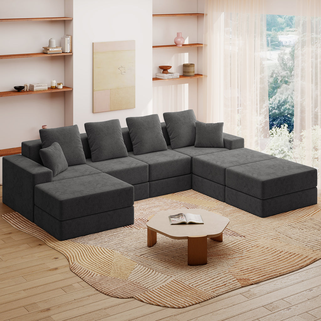 128" U-Shaped Cloud Sectional Sofa with 3 Ottomans