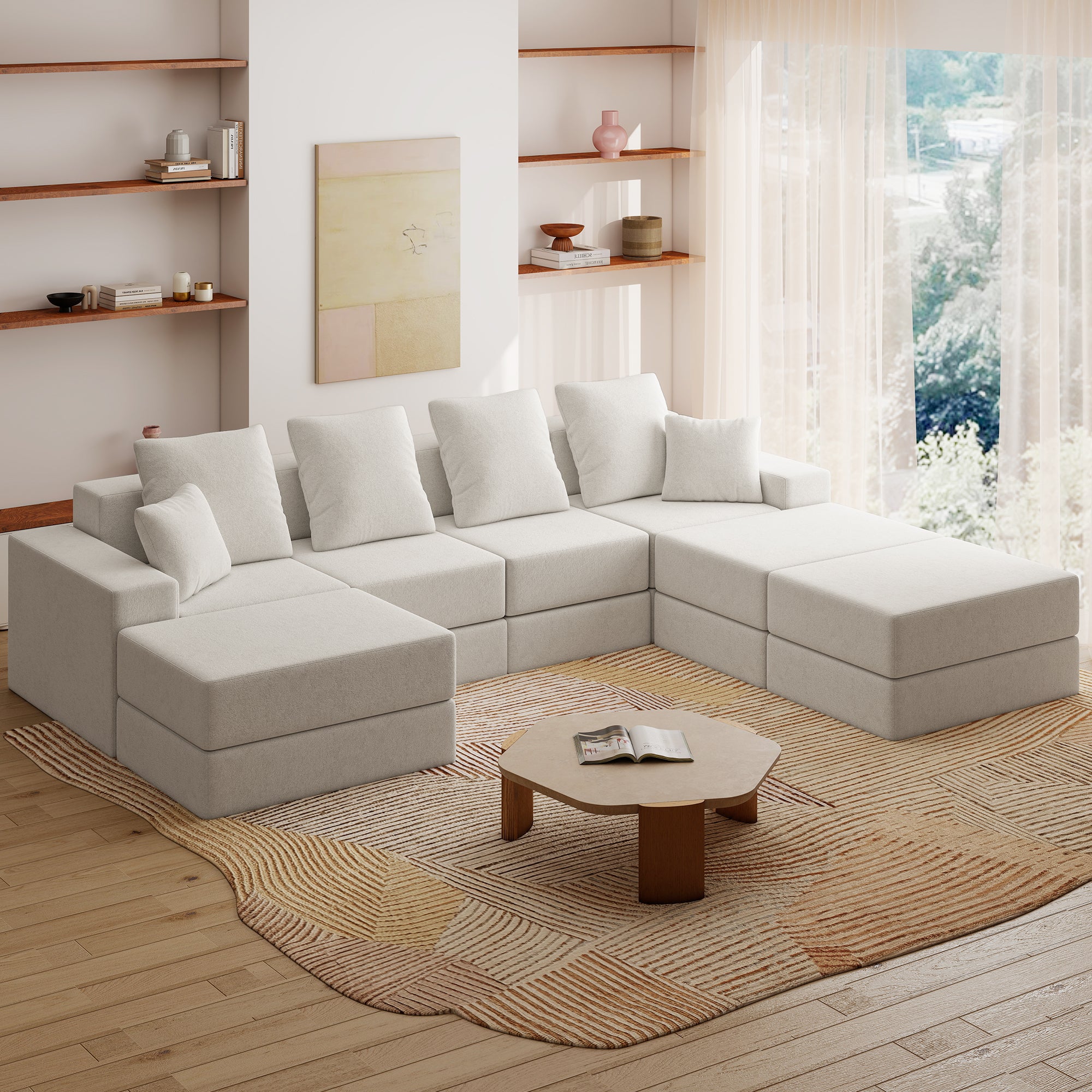 128" U-Shaped Cloud Sectional Sofa with 3 Ottomans