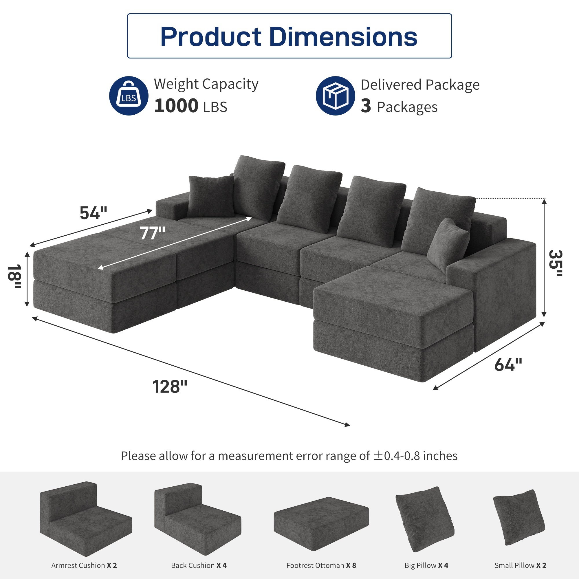 128" U-Shaped Cloud Sectional Sofa with 3 Ottomans