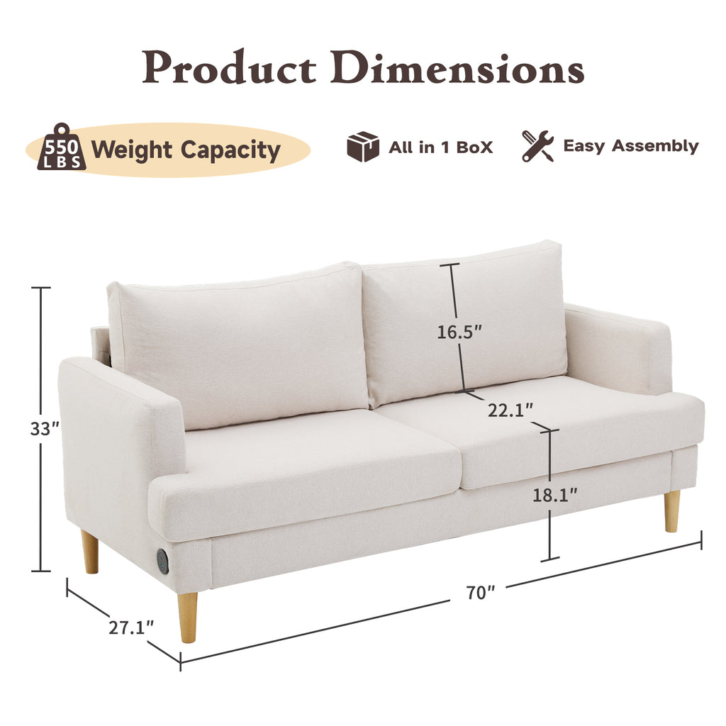 70" Modern Loveseat Sofa with USB Ports