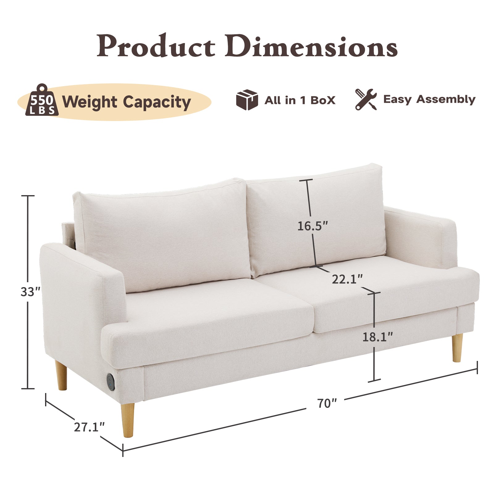 70" Modern Loveseat Sofa with USB Ports