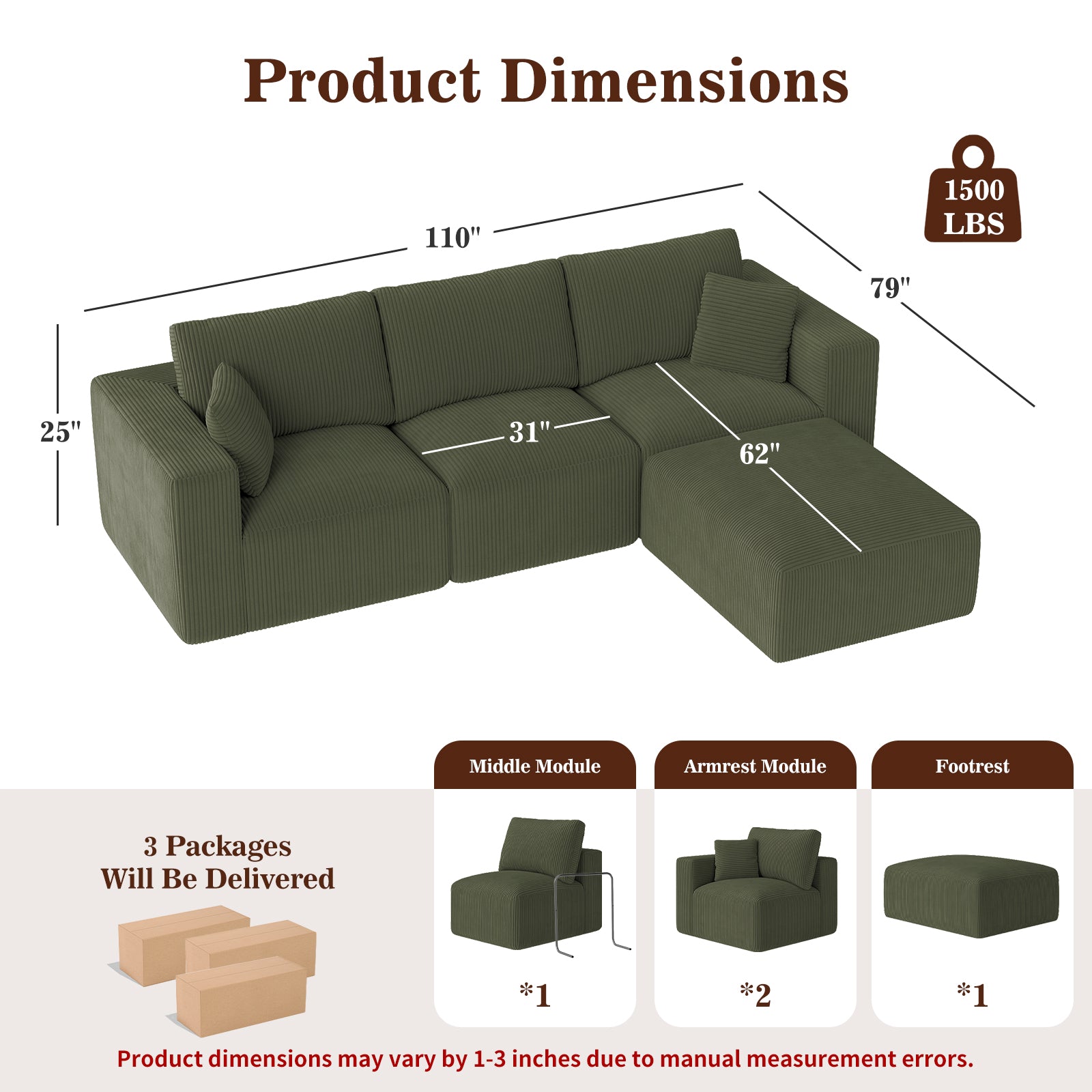 110" L-Shaped Modular Sectional Sofa with Ottoman